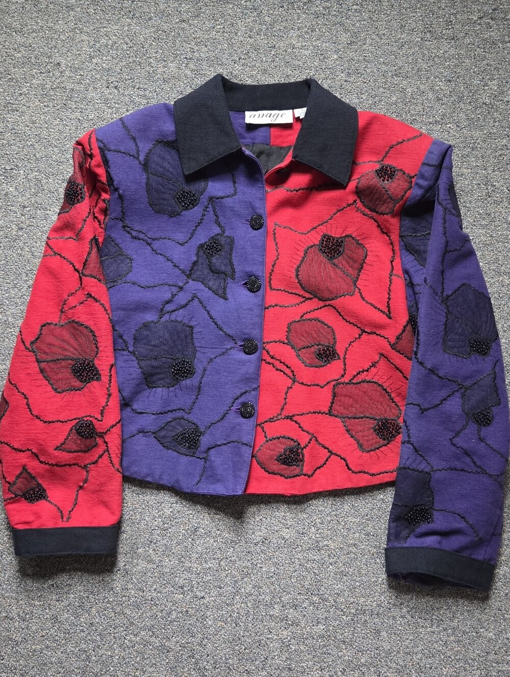Vtg 90s Anage Beaded Floral Color Block Cropped Jacket Ribbed Cotton Size L
